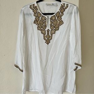Chico's Beaded Chambray Tunic Top Size XS Beach Wear Bohemian